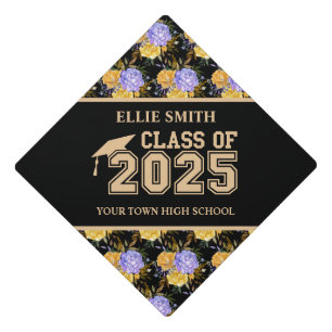 Yellow Purple Floral Class 2025 Graduation Cap Topper