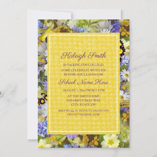 Yellow Purple Floral College Trunk Party Invitation (Front)