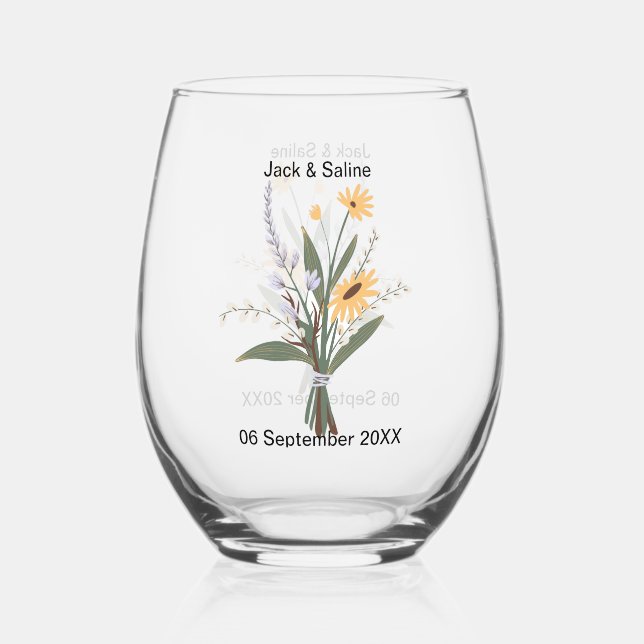 Yellow Purple floral Minimalist wedding custom  Stemless Wine Glass (Front)