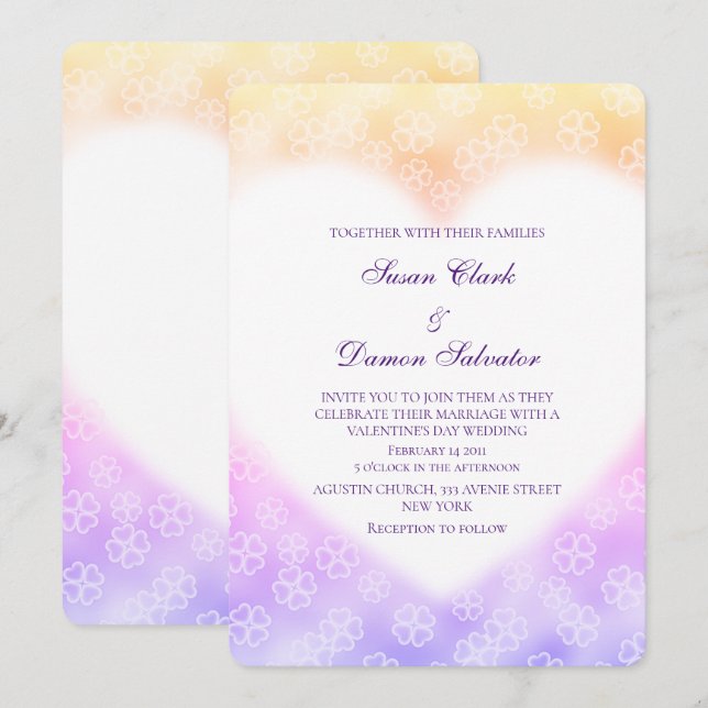 Yellow Purple Flowers Heart Valentine's Wedding  Invitation (Front/Back)
