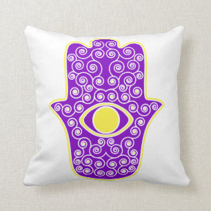 Yellow Purple Hamsa-Hand of Miriam-Hand of Fatima. Throw Pillow