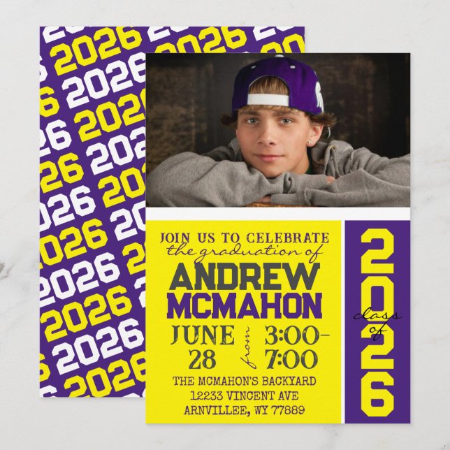 Yellow & Purple Modern Graduation Photo Invitation (Front/Back)