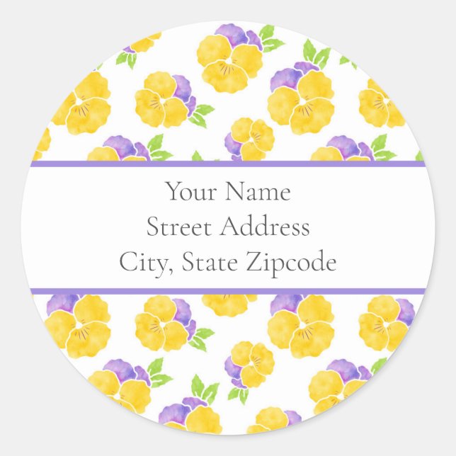 Yellow Purple Watercolor Pansy Pattern labels (Front)
