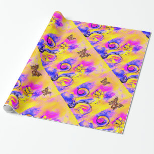 YELLOW PURPLE WHIMSICAL FLOWERS,GOLD BUTTERFLIES WRAPPING PAPER