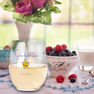 Yellow purple wildflower sunflower watercolor  stemless wine glass