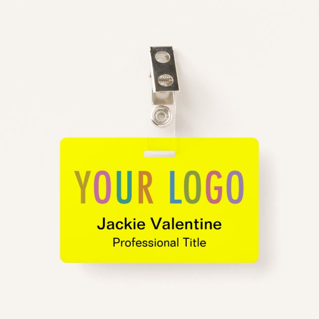 Yellow PVC Name Badge with Logo Clip Reel Lanyard (Front with Clip)