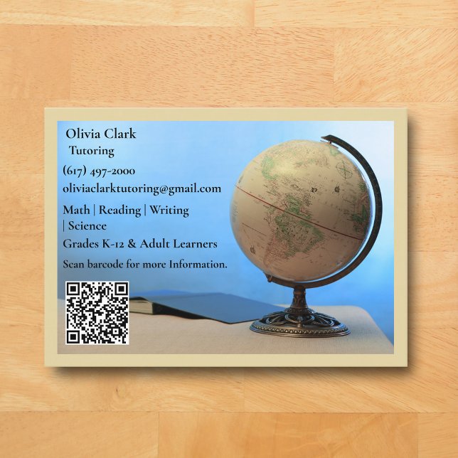 Yellow QR Code Tutor Teacher Globe Book Classroom Business Card (Light Yellow Globe Business Card for Teacher )
