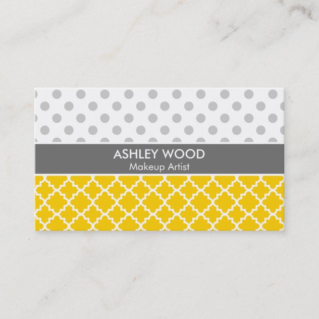 Yellow Quatrefoil and Grey Polka Dot Pattern Business Card (Front)