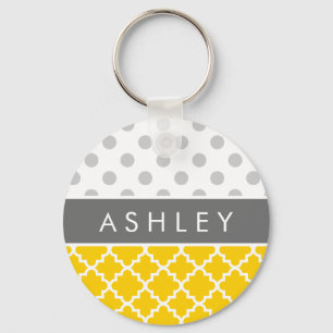 Yellow Quatrefoil and Grey Polka Dot Pattern Keychain