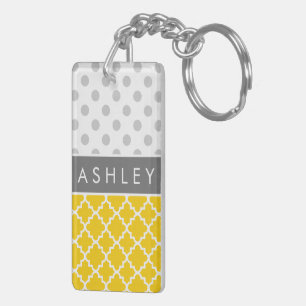 Yellow Quatrefoil and Grey Polka Dot Pattern Keychain