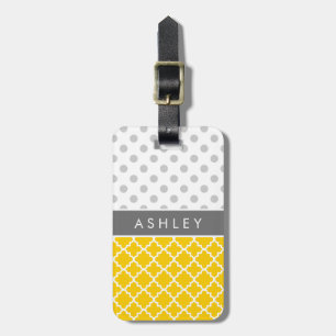 Yellow Quatrefoil and Grey Polka Dot Pattern Luggage Tag