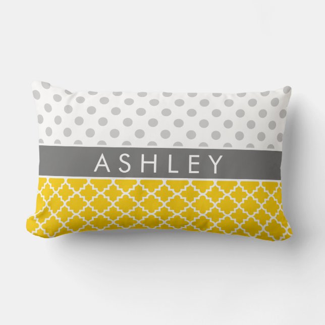 Yellow Quatrefoil and Grey Polka Dot Pattern Lumbar Pillow (Front)