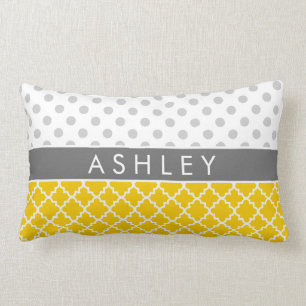Yellow Quatrefoil and Grey Polka Dot Pattern Lumbar Pillow