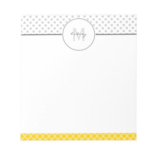 Yellow Quatrefoil and Grey Polka Dot Pattern Notepad (Front)