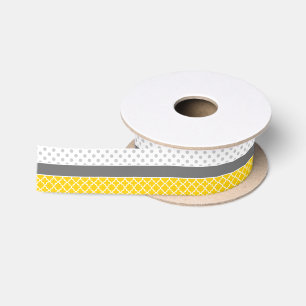 Yellow Quatrefoil and Grey Polka Dot Pattern Satin Ribbon