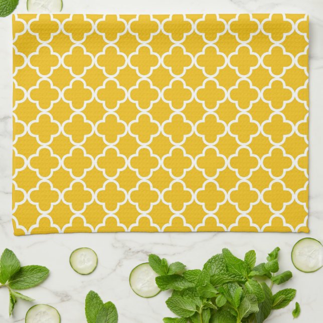 Yellow Quatrefoil Clover Pattern Kitchen Towel (Folded)