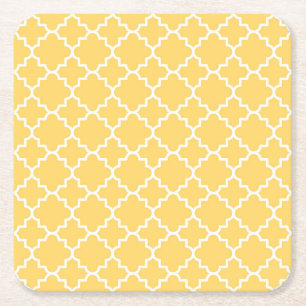 Yellow Quatrefoil Pattern Square Paper Coaster