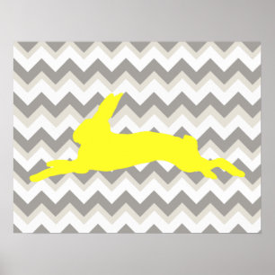 Yellow Rabbit Silhouette on Chevron Stripes Poster