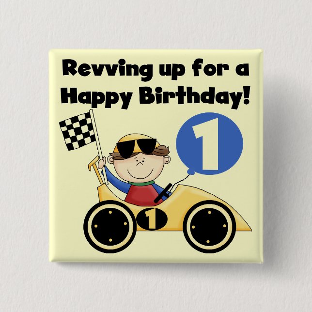 Yellow Race Car 1st Birthday T-shirts and Gifts 2 Inch Square Button (Front)