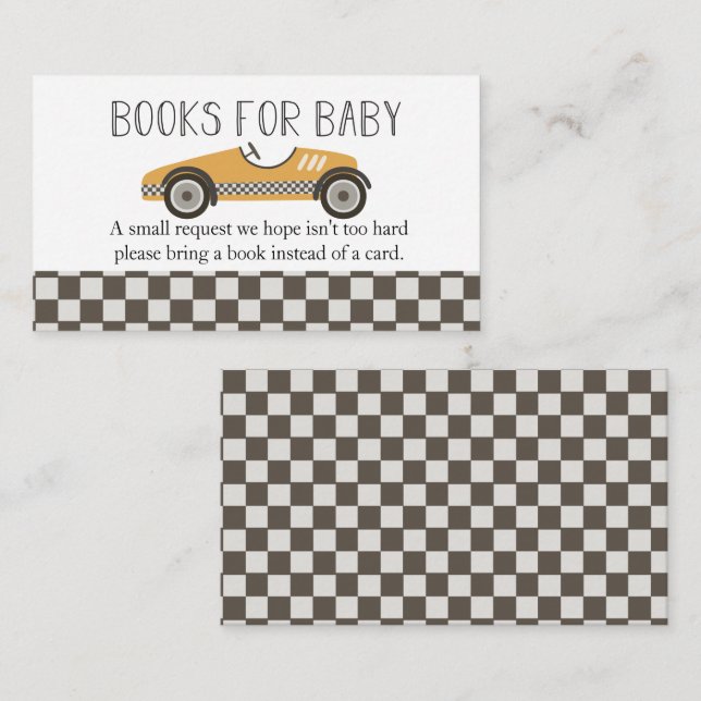 Yellow Race Car Baby Shower Books for Baby Enclosure Card (Front/Back)