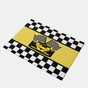 Yellow Race Car: Chequered Flag Doormat