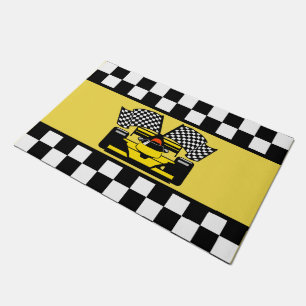 Yellow Race Car: Chequered Flag Doormat