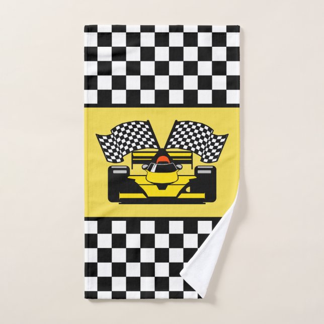 Yellow Race Car: Chequered Flag Hand Towel (Hand Towel)