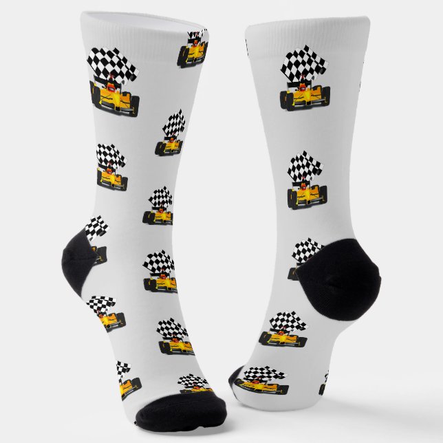 Yellow Race Car - Chequered Flag Sports Socks (Angled)