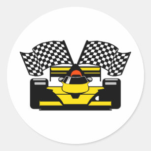YELLOW RACE CAR CLASSIC ROUND STICKER