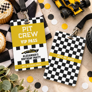 Yellow Race Car Vip Pass Pit Crew Birthday Party Badge