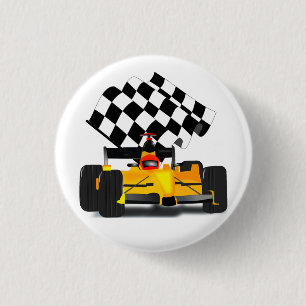 Yellow  Race Car with Chequered Flag 1 Inch Round Button