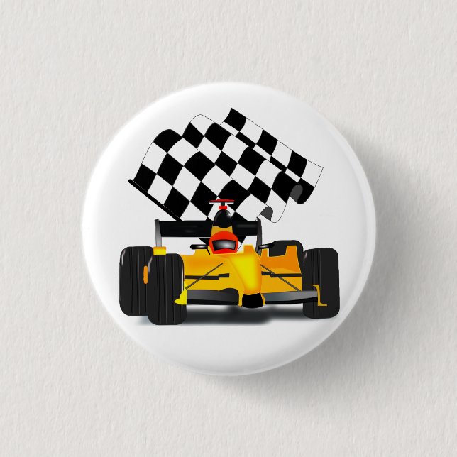 Yellow  Race Car with Chequered Flag 1 Inch Round Button (Front)