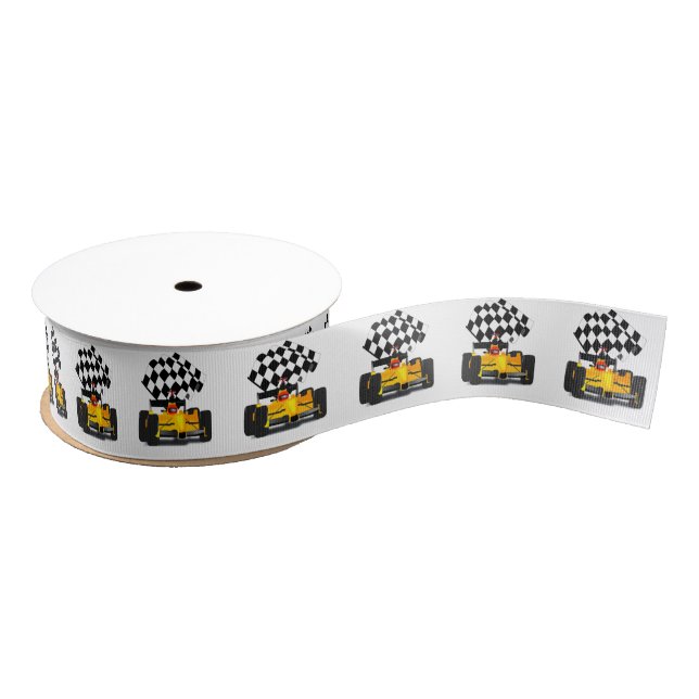 Yellow  Race Car with Chequered Flag Grosgrain Ribbon (Spool)