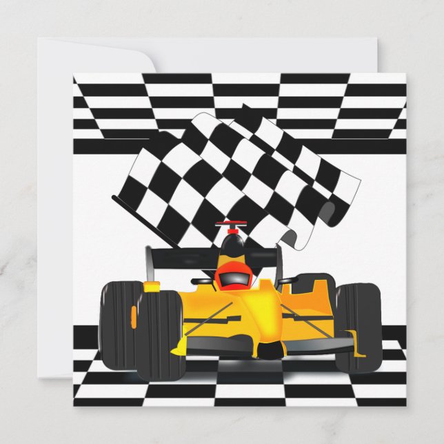 Yellow  Race Car with Chequered Flag Invitation (Front)