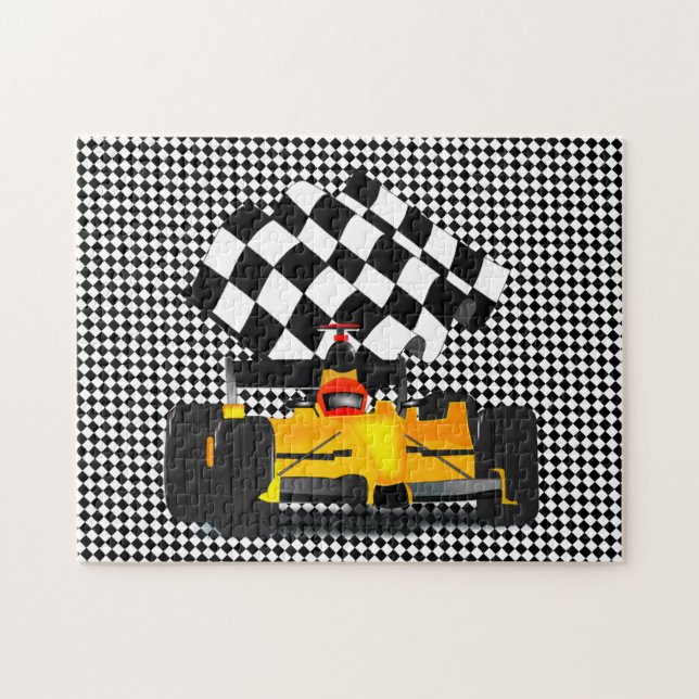 Yellow Race Car with Chequered Flag Jigsaw Puzzle (Horizontal)