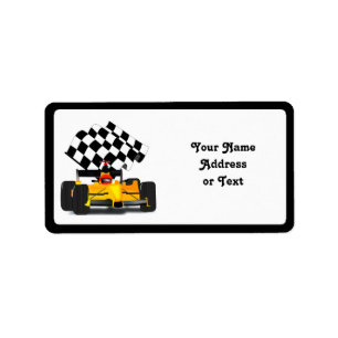 Yellow Race Car with Chequered Flag Label