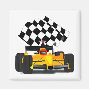 Yellow  Race Car with Chequered Flag Magnet