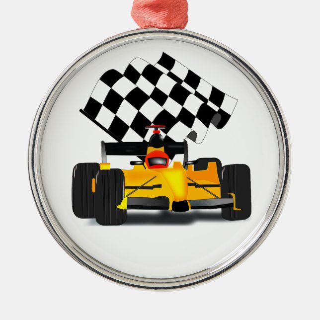 Yellow  Race Car with Chequered Flag Metal Ornament (Front)