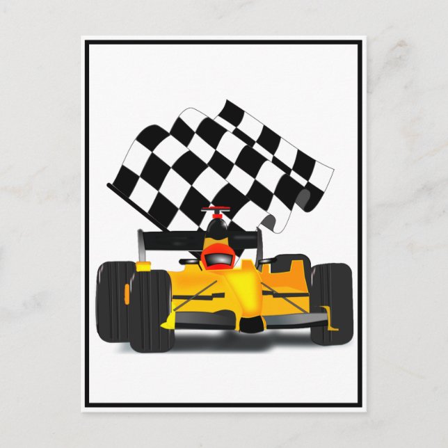 Yellow  Race Car with Chequered Flag Postcard (Front)
