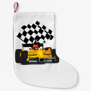 Yellow  Race Car with Chequered Flag Small Christmas Stocking
