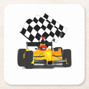 Yellow Race Car with Chequered Flag Square Paper Coaster