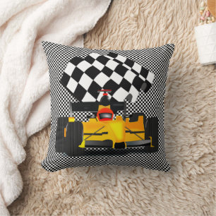 Yellow Race Car with Chequered Flag Throw Pillow