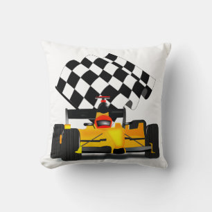 Yellow Race Car with Chequered Flag Throw Pillow