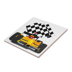 Yellow  Race Car with Chequered Flag Tile