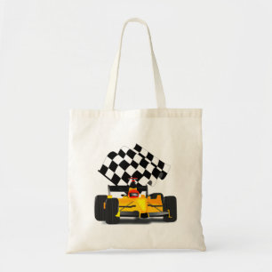 Yellow  Race Car with Chequered Flag Tote Bag
