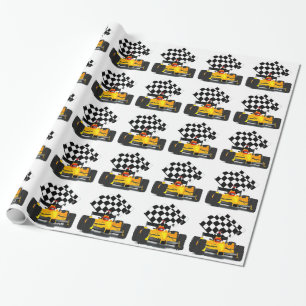 Yellow  Race Car with Chequered Flag Wrapping Paper