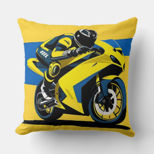 Yellow Racing Motorcycle and Rider Illustration Throw Pillow