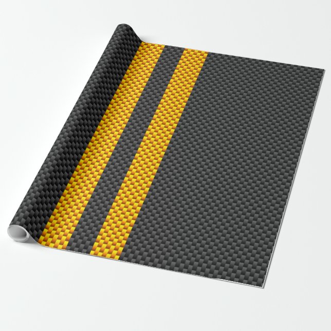 Yellow Racing Stripes Carbon Fibre Style Wrapping Paper (Unrolled)