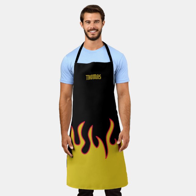 Yellow, Red and Black Flames Personalized Apron (Worn)