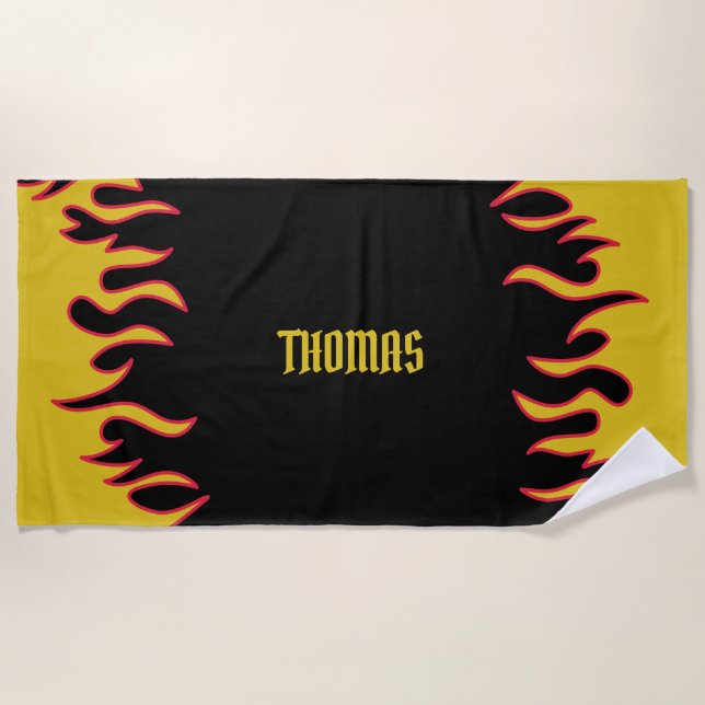 Yellow, Red and Black Flames Personalized Beach Towel (Front)
